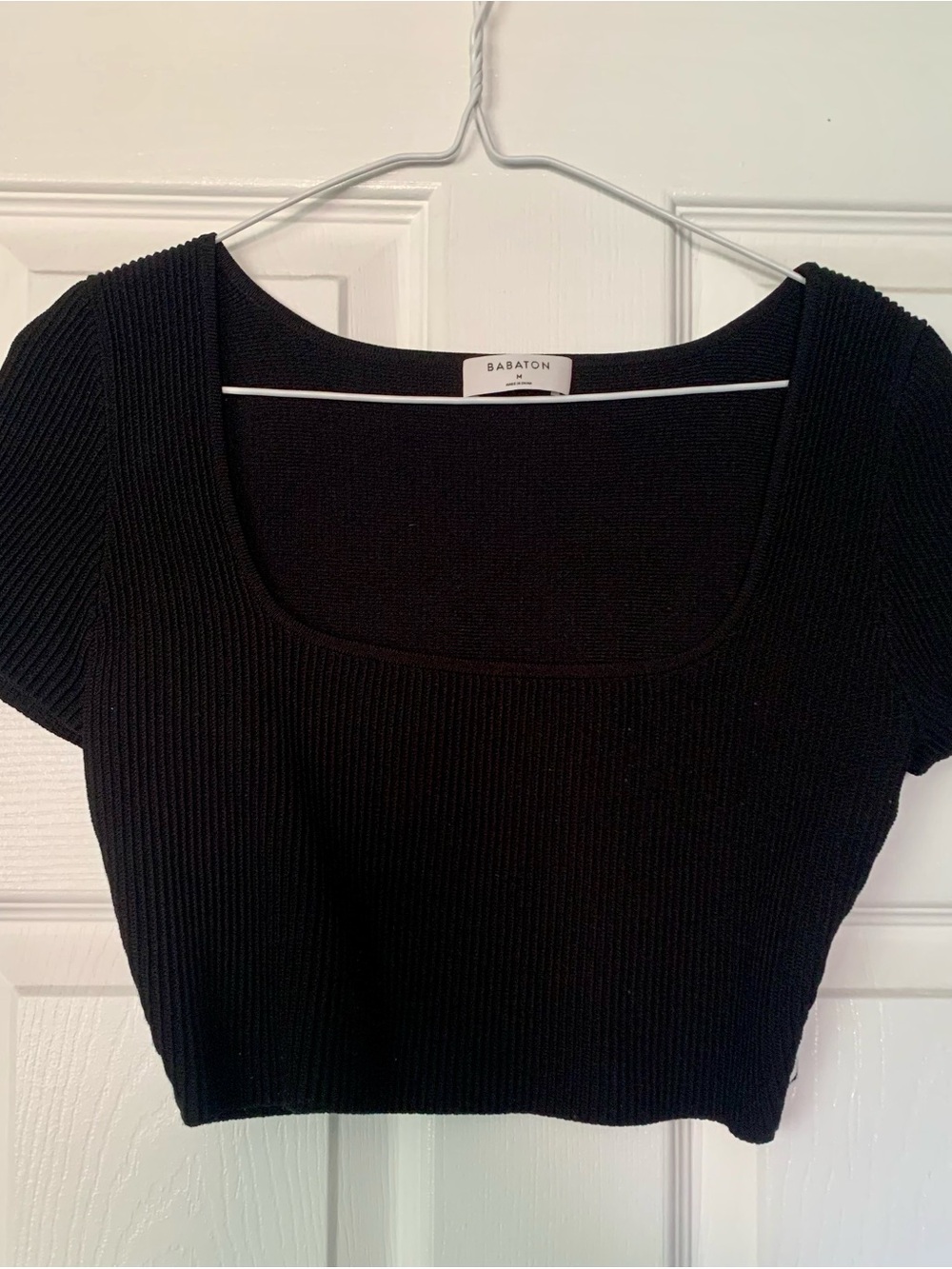 Aritzia Babaton Black Ribbed Sculpt knit Square-Neck Crop Tee